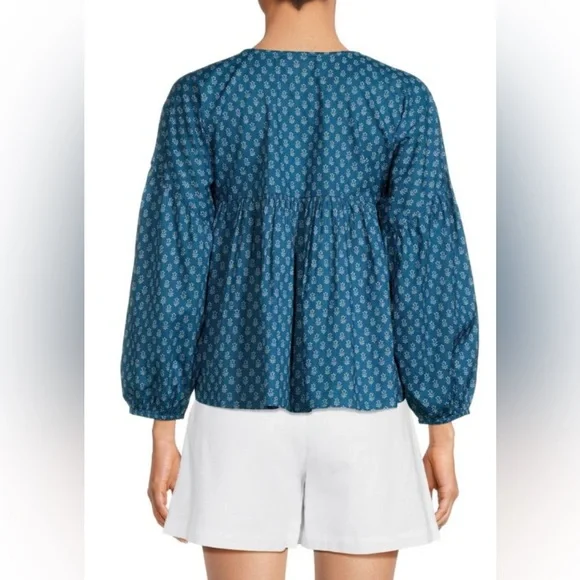 Faherty Women’s Navy Lyla Organic Cotton Floral Drop Shoulder Top Blouse - XL - Picture 2 of 11